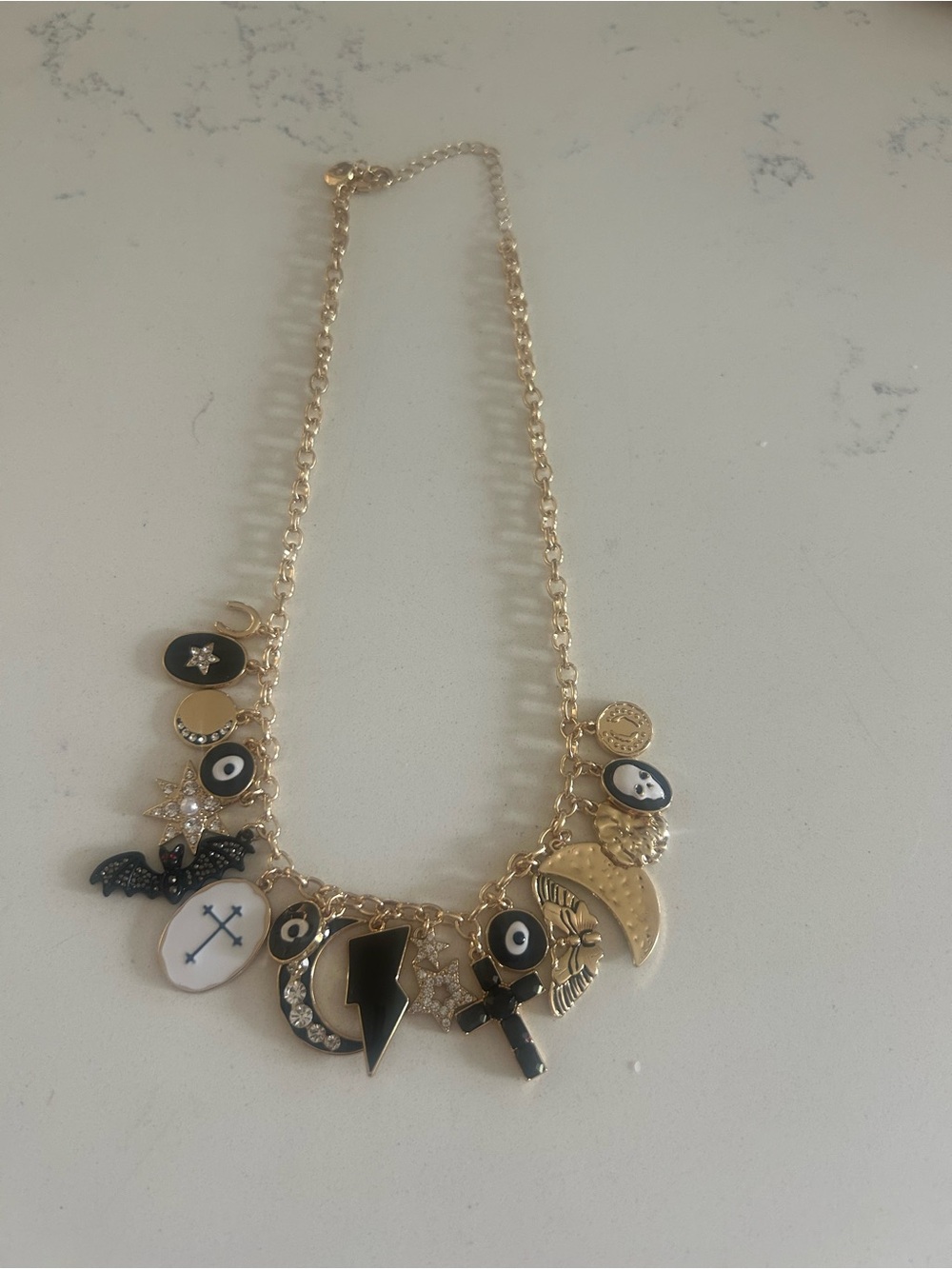 Betsey Johnson Gold-Tone Charm Necklace with Black and White Accents